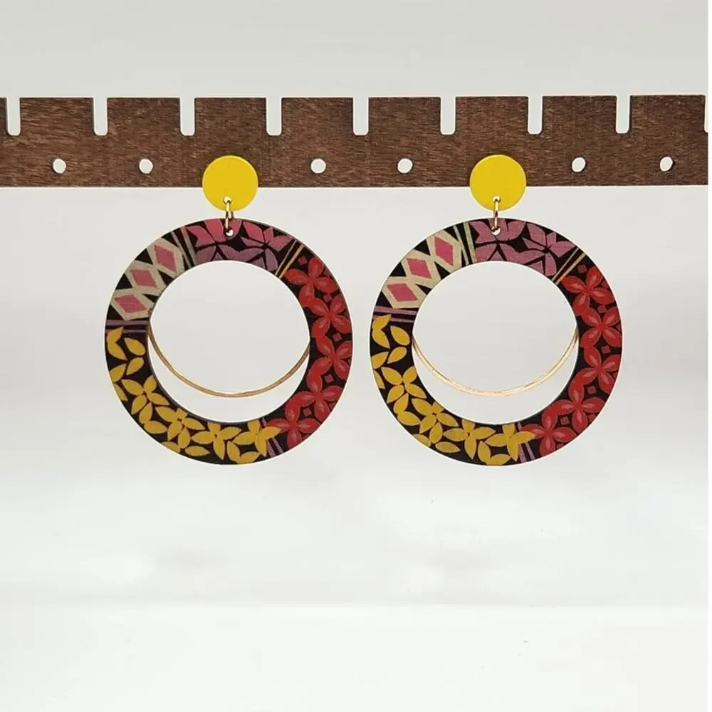 Boho Round Open Hoop Geometric Pattern Mixed Media Wood Statement Earrings